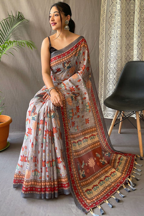 Load image into Gallery viewer, Fairytale Grey Kalamkari Printed Saree With Adorable Blouse Piece
