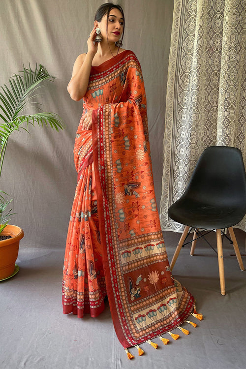 Load image into Gallery viewer, Phenomenal Orange Kalamkari Printed Saree With Adorable Blouse Piece
