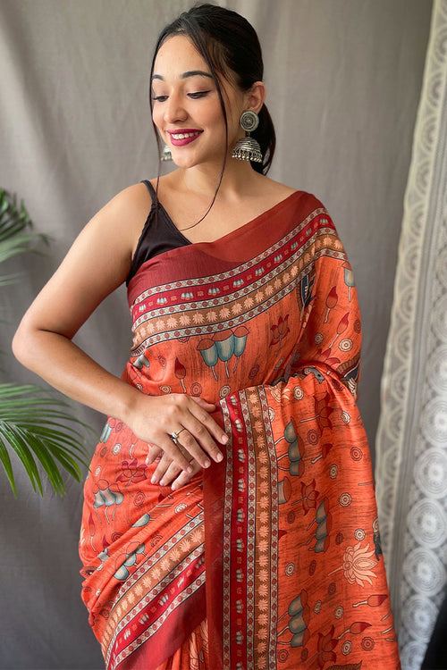 Load image into Gallery viewer, Phenomenal Orange Kalamkari Printed Saree With Adorable Blouse Piece
