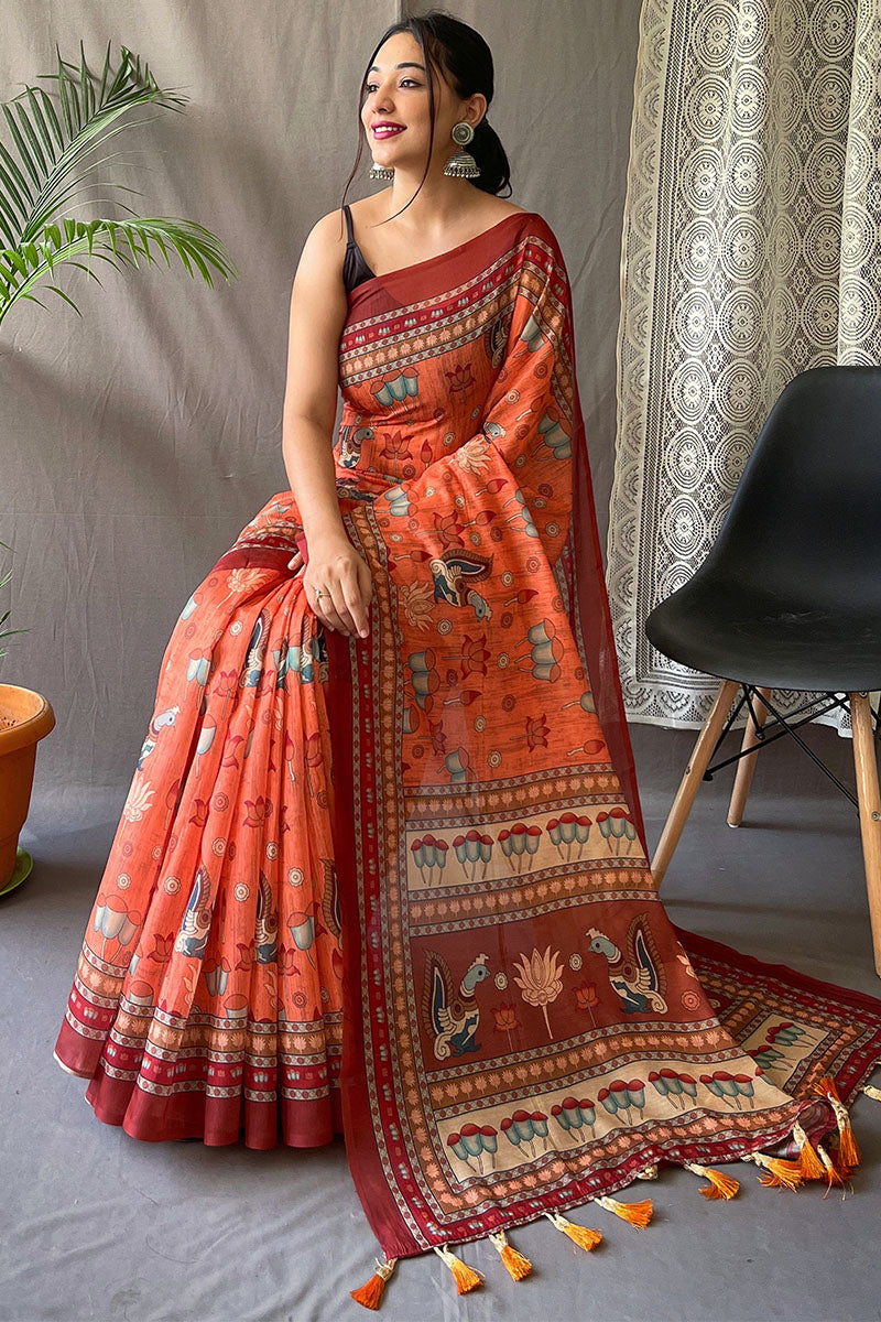 Phenomenal Orange Kalamkari Printed Saree With Adorable Blouse Piece