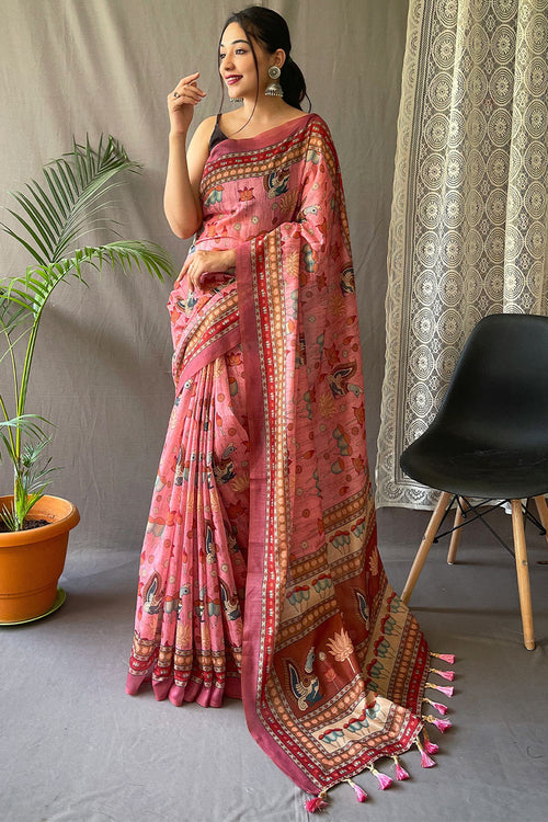 Load image into Gallery viewer, Pleasant Pink Kalamkari Printed Saree With Adoring Blouse Piece
