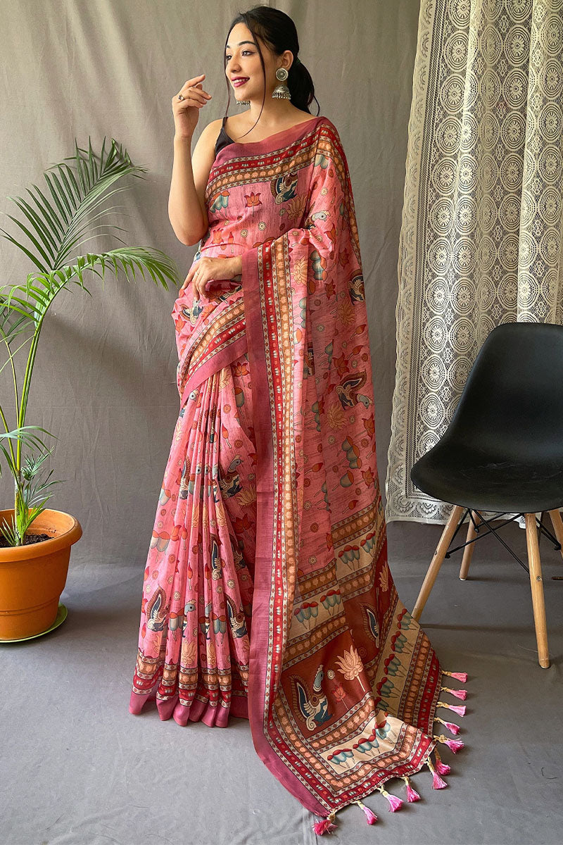 Pleasant Pink Kalamkari Printed Saree With Adoring Blouse Piece