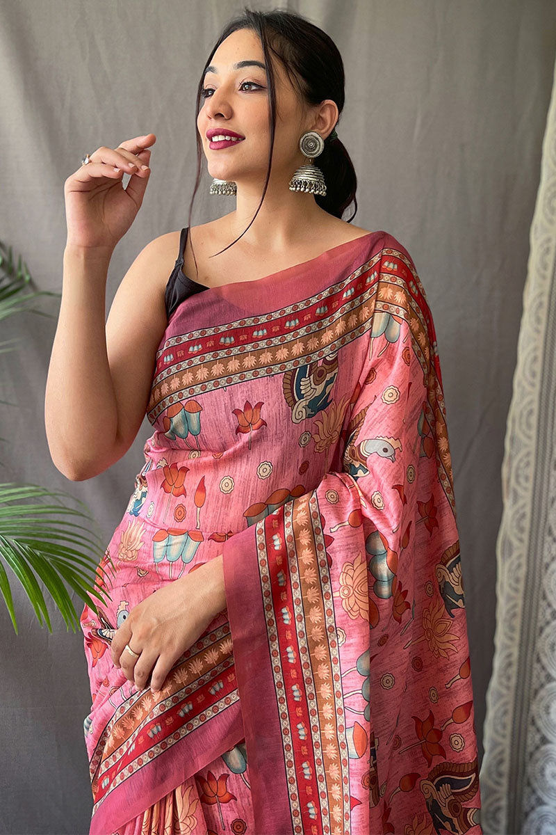 Pleasant Pink Kalamkari Printed Saree With Adoring Blouse Piece