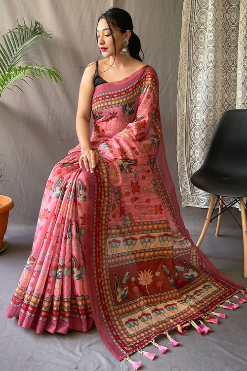 Load image into Gallery viewer, Pleasant Pink Kalamkari Printed Saree With Adoring Blouse Piece
