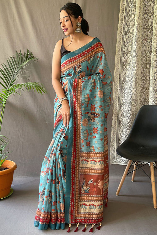 Load image into Gallery viewer, Dalliance Sky Kalamkari Printed Saree With Forbearance Blouse Piece
