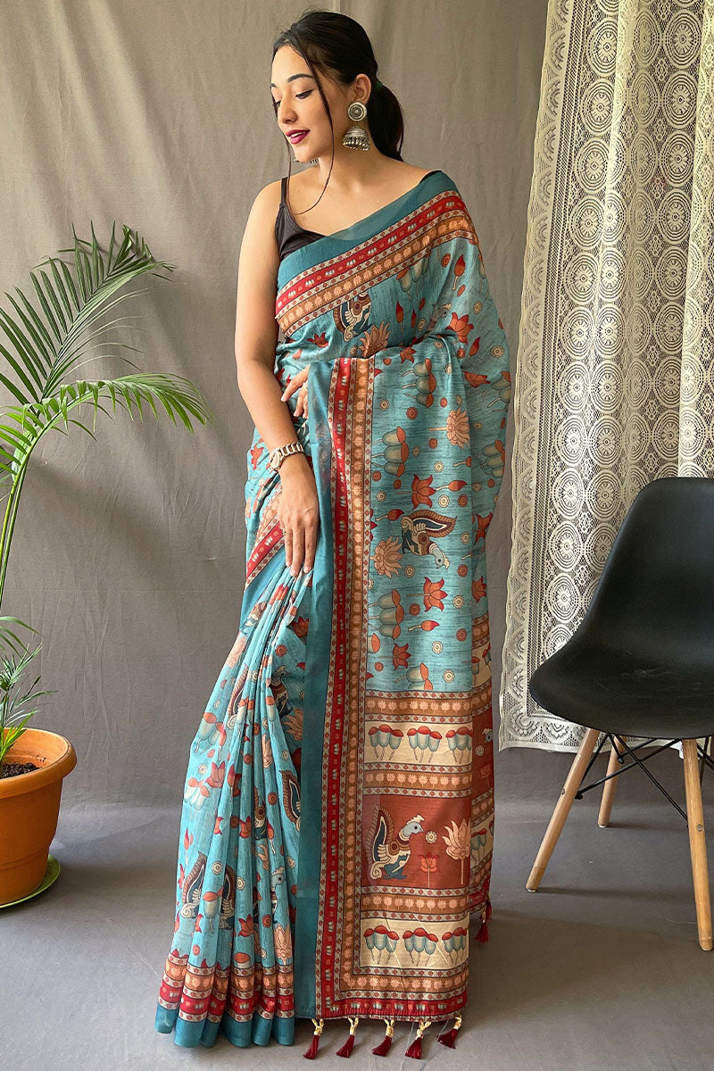 Dalliance Sky Kalamkari Printed Saree With Forbearance Blouse Piece