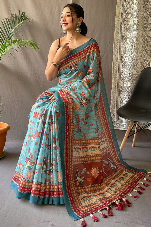 Load image into Gallery viewer, Dalliance Sky Kalamkari Printed Saree With Forbearance Blouse Piece
