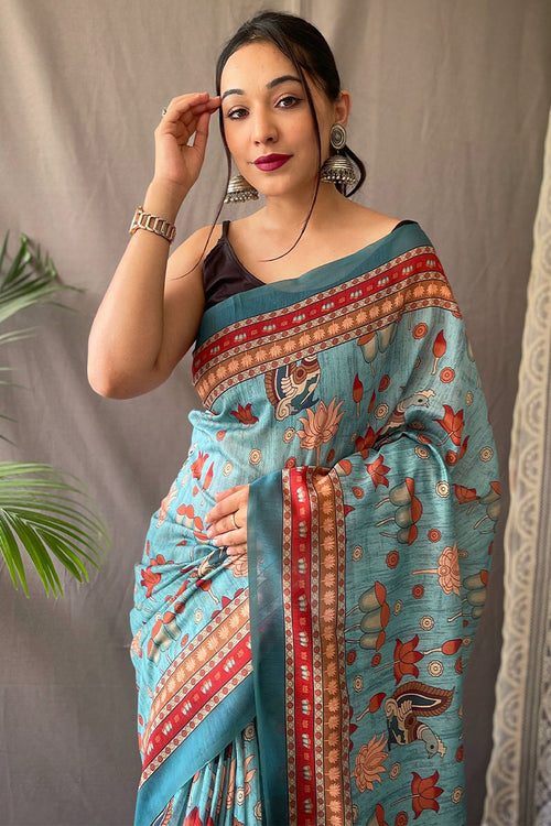 Load image into Gallery viewer, Dalliance Sky Kalamkari Printed Saree With Forbearance Blouse Piece
