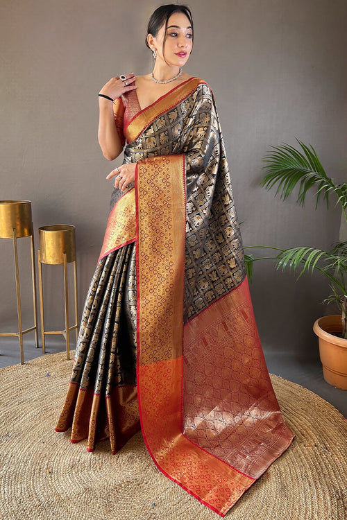 Load image into Gallery viewer, Skinny Black Kanjivaram Silk Saree With Dazzling Blouse Piece
