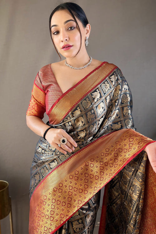 Load image into Gallery viewer, Skinny Black Kanjivaram Silk Saree With Dazzling Blouse Piece
