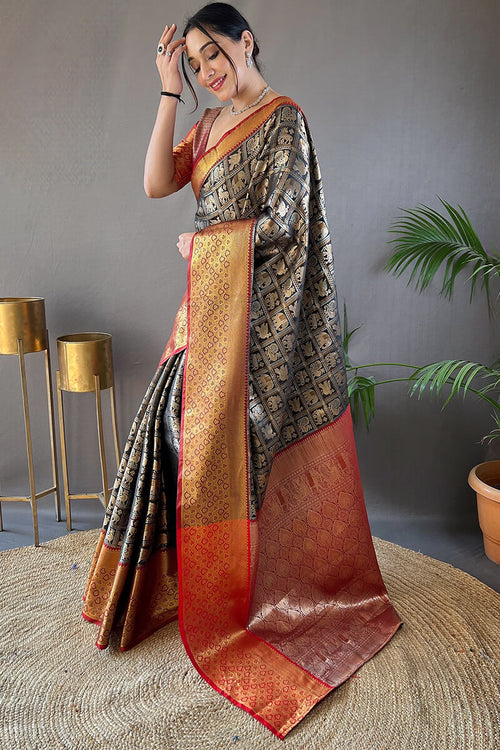 Load image into Gallery viewer, Skinny Black Kanjivaram Silk Saree With Dazzling Blouse Piece
