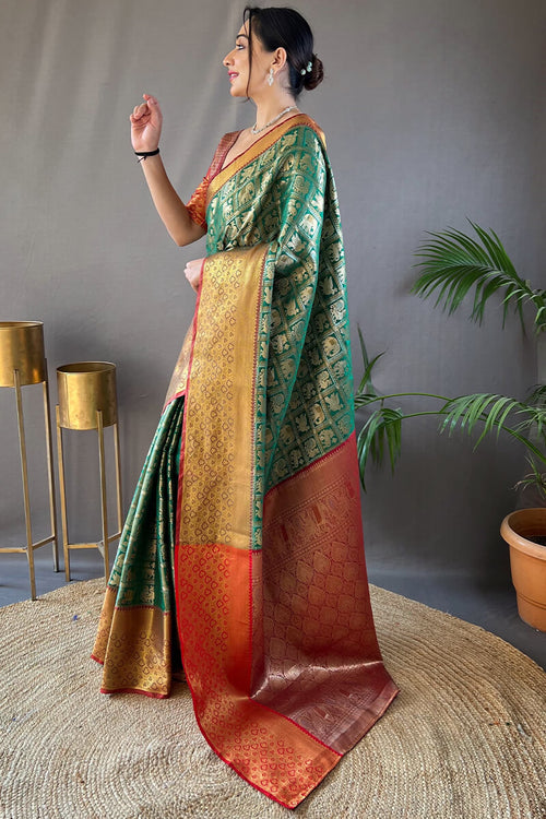 Load image into Gallery viewer, Invaluable Dark Green Kanjivaram Silk Saree With Demanding Blouse Piece
