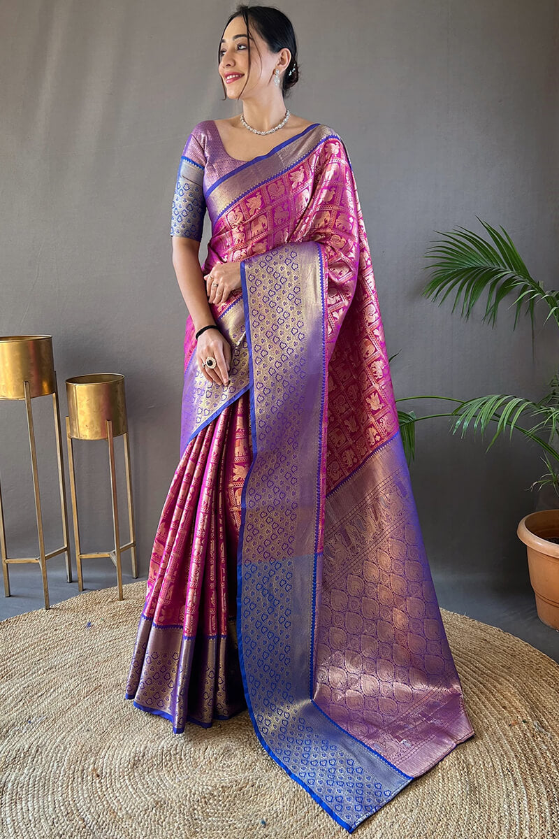 Flamboyant Purple Kanjivaram Silk Saree With Flameboyant Blouse Piece