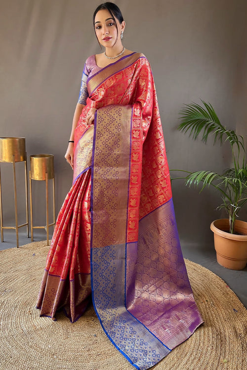 Load image into Gallery viewer, Stunner Red Kanjivaram Silk Saree With Ideal Blouse Piece
