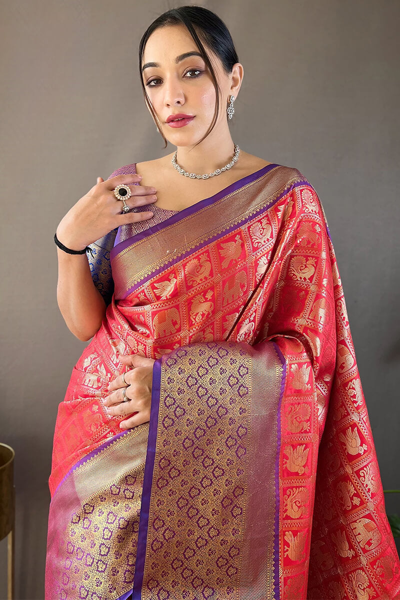 Stunner Red Kanjivaram Silk Saree With Ideal Blouse Piece