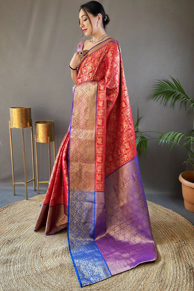Stunner Red Kanjivaram Silk Saree With Ideal Blouse Piece