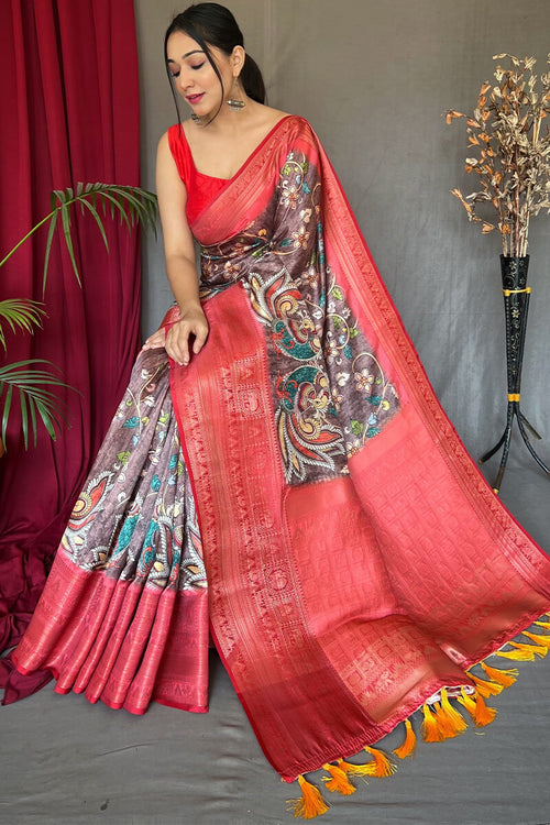 Load image into Gallery viewer, Luxuriant Wine Kalamkari Printed Saree With Profuse Blouse Piece
