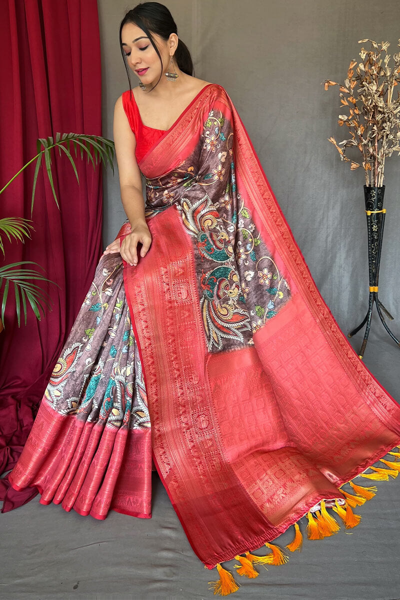 Luxuriant Wine Kalamkari Printed Saree With Profuse Blouse Piece