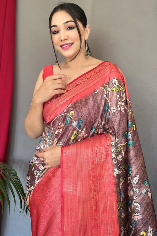 Load image into Gallery viewer, Luxuriant Wine Kalamkari Printed Saree With Profuse Blouse Piece
