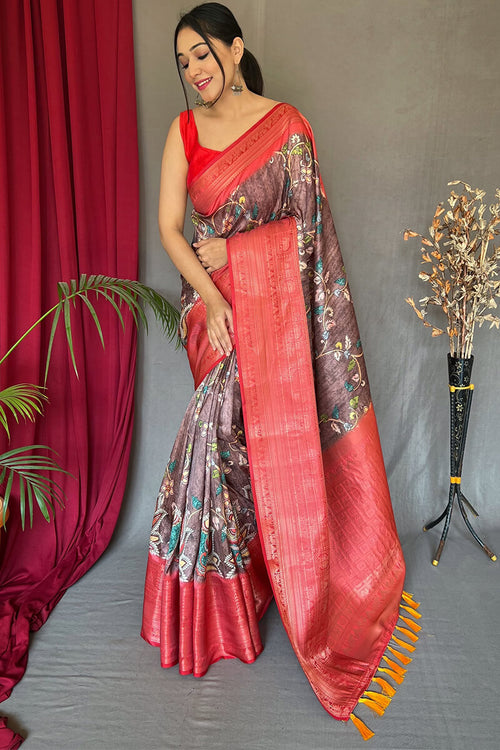 Load image into Gallery viewer, Luxuriant Wine Kalamkari Printed Saree With Profuse Blouse Piece
