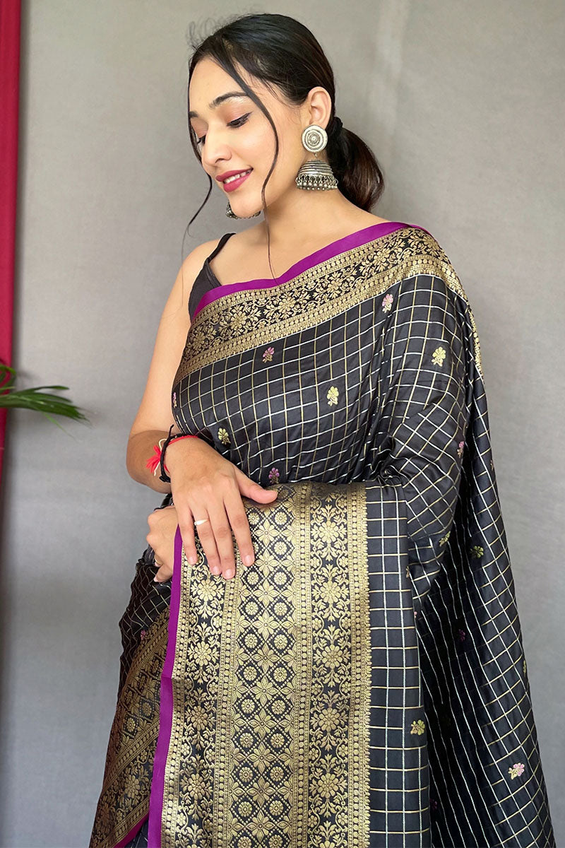 Angelic Black Soft Banarasi Silk Saree With Desultory Blouse Piece