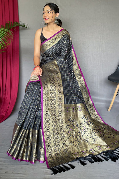 Angelic Black Soft Banarasi Silk Saree With Desultory Blouse Piece
