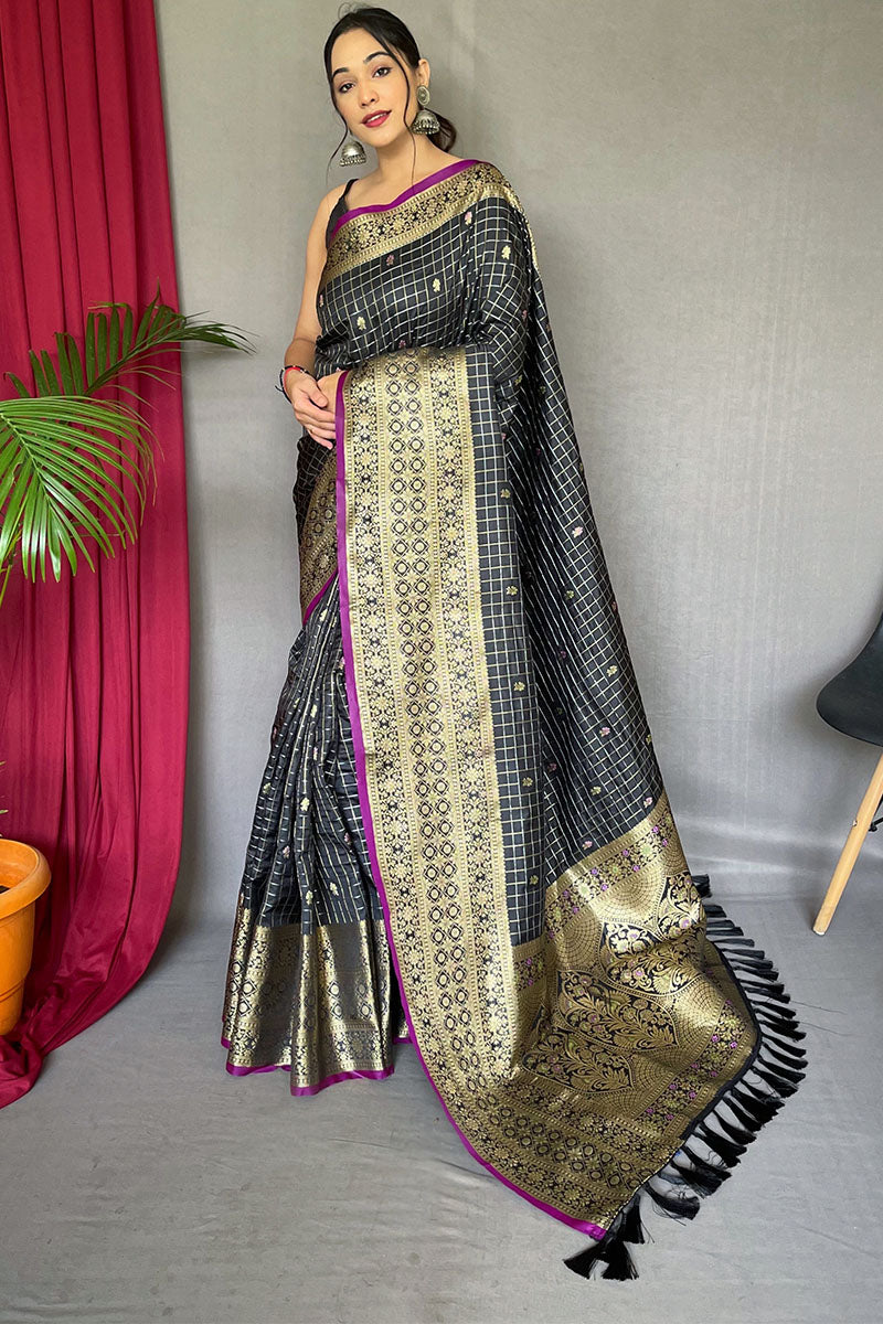 Angelic Black Soft Banarasi Silk Saree With Desultory Blouse Piece