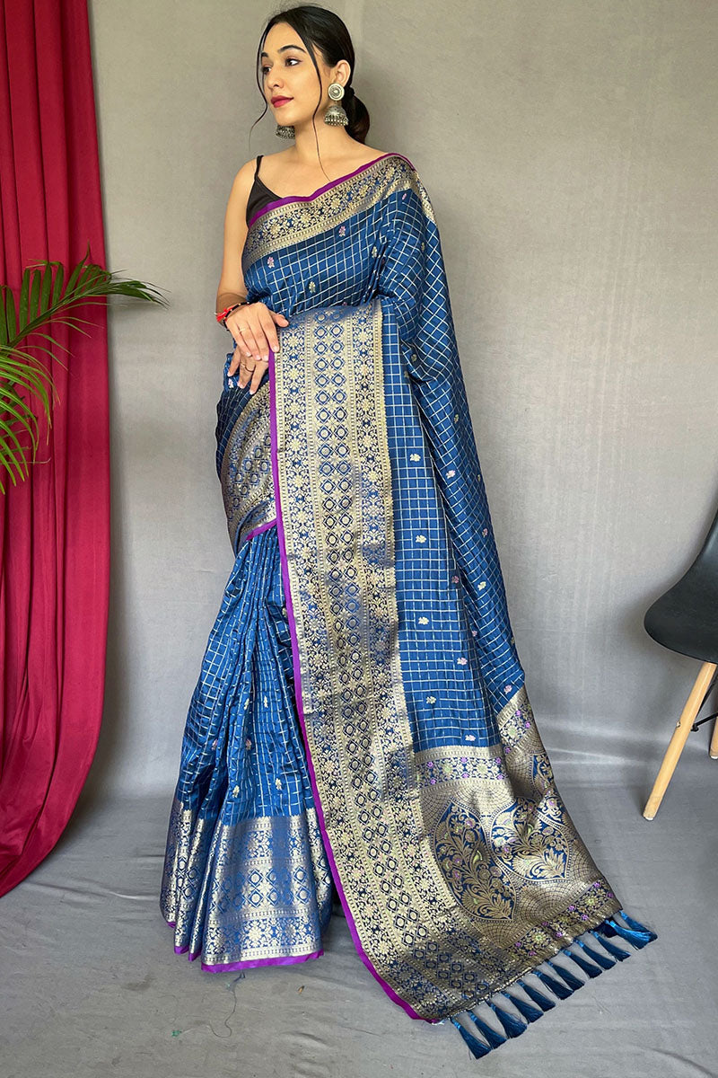 Lagniappe Blue Soft Banarasi Silk Saree With Vestigial Blouse Piece