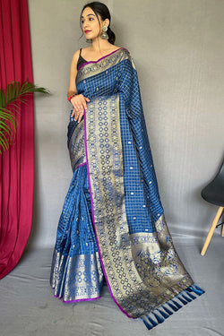 Lagniappe Blue Soft Banarasi Silk Saree With Vestigial Blouse Piece