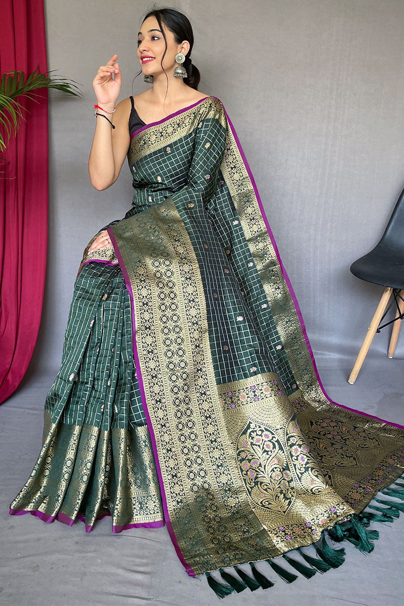 Amiable Dark Green Soft Banarasi Silk Saree With Exuberant Blouse Piece