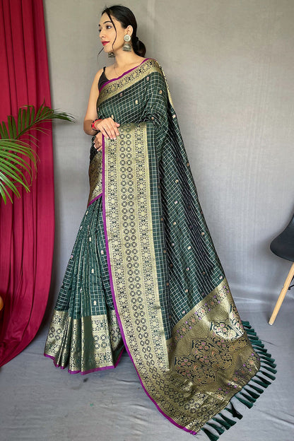 Amiable Dark Green Soft Banarasi Silk Saree With Exuberant Blouse Piece