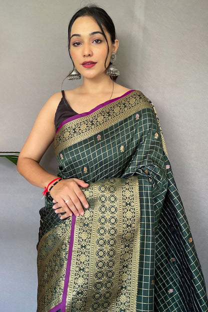 Amiable Dark Green Soft Banarasi Silk Saree With Exuberant Blouse Piece
