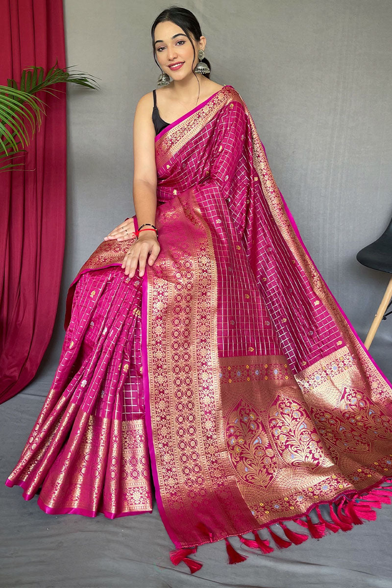 Glittering Dark Pink Soft Banarasi Silk Saree With Sumptuous Blouse Piece