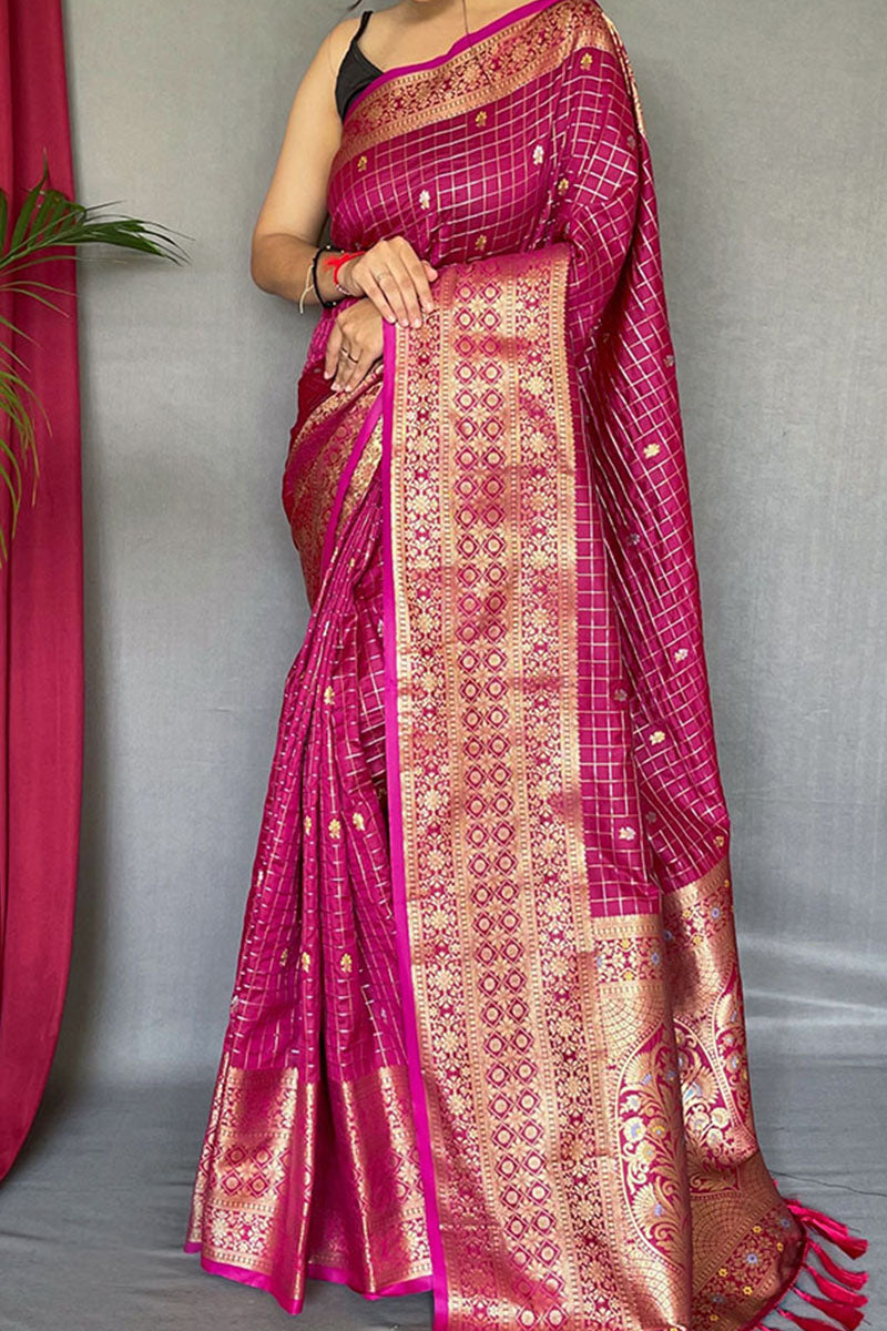Glittering Dark Pink Soft Banarasi Silk Saree With Sumptuous Blouse Piece