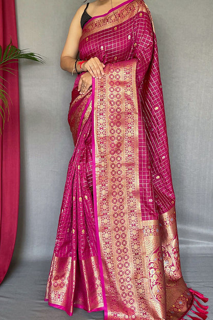 Glittering Dark Pink Soft Banarasi Silk Saree With Sumptuous Blouse Piece