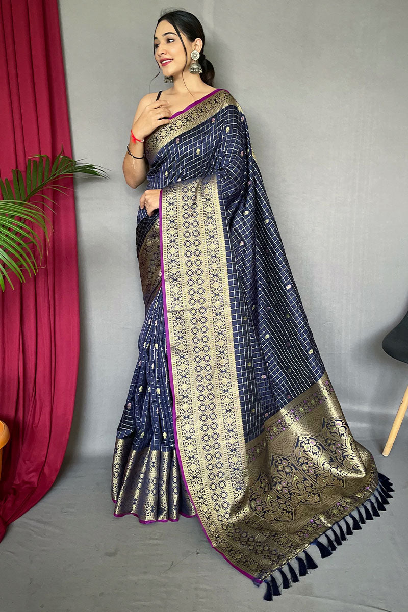 Fugacious Navy Blue Soft Banarasi Silk Saree With Ailurophile Blouse Piece