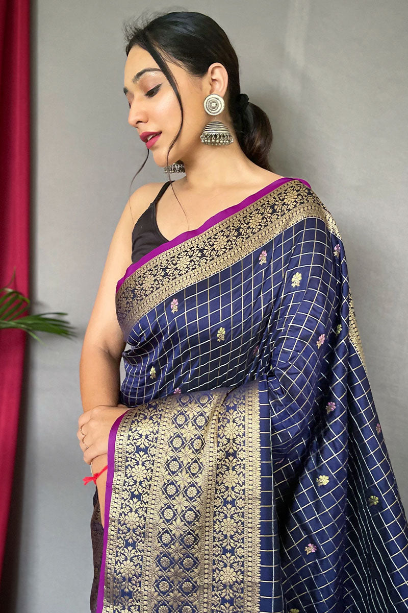 Fugacious Navy Blue Soft Banarasi Silk Saree With Ailurophile Blouse Piece