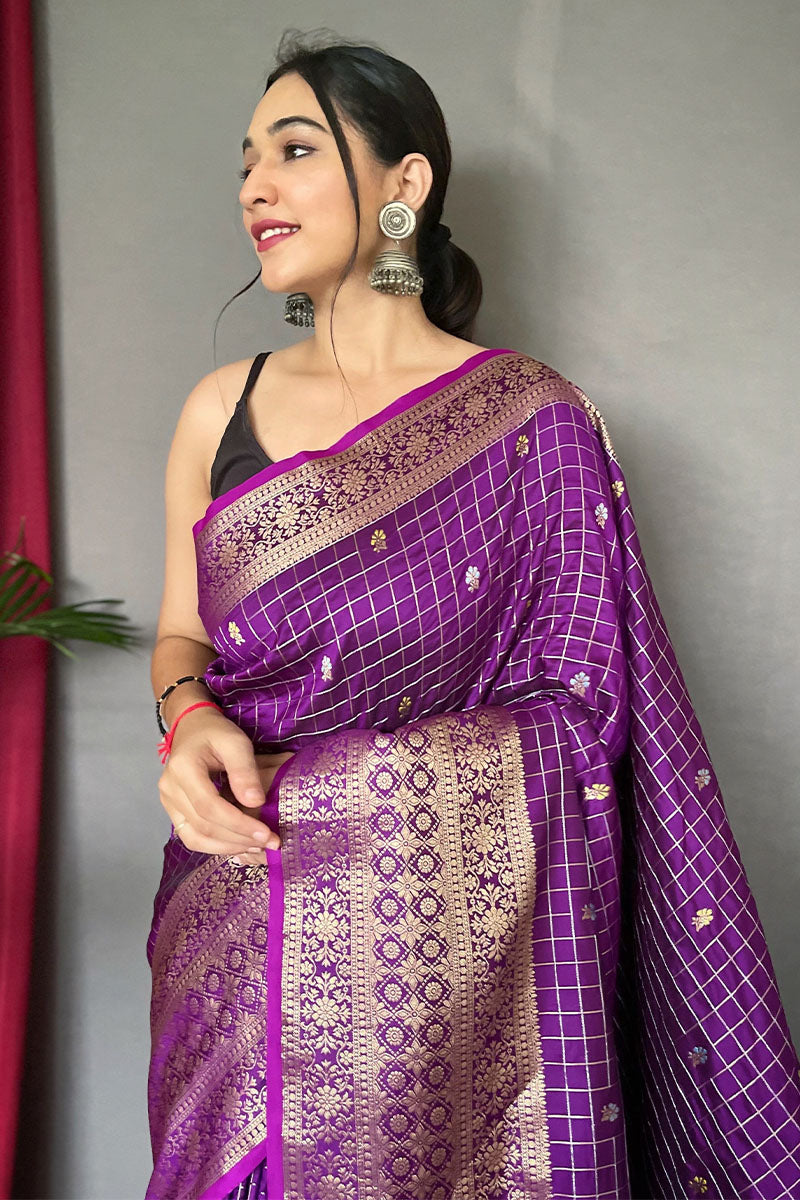 Traditional Purple Soft Banarasi Silk Saree With Opulent Blouse Piece