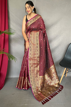 Sophisticated Wine Soft Banarasi Silk Saree With Invaluable Blouse Piece