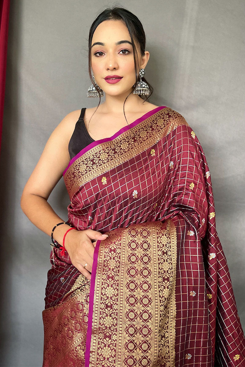 Sophisticated Wine Soft Banarasi Silk Saree With Invaluable Blouse Piece