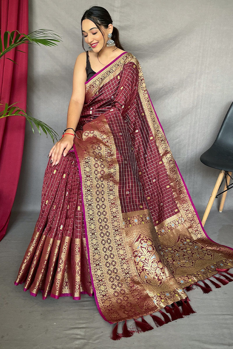Sophisticated Wine Soft Banarasi Silk Saree With Invaluable Blouse Piece