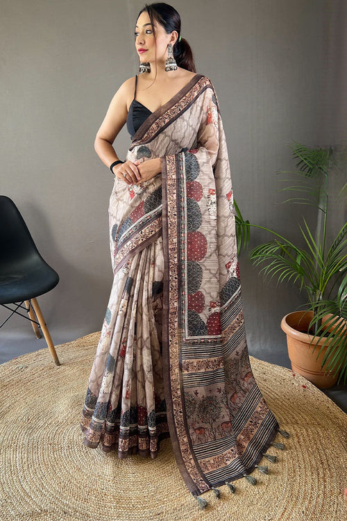 Load image into Gallery viewer, Refreshing Beige Digital Printed Tussar Silk Saree With Sensational Blouse Piece
