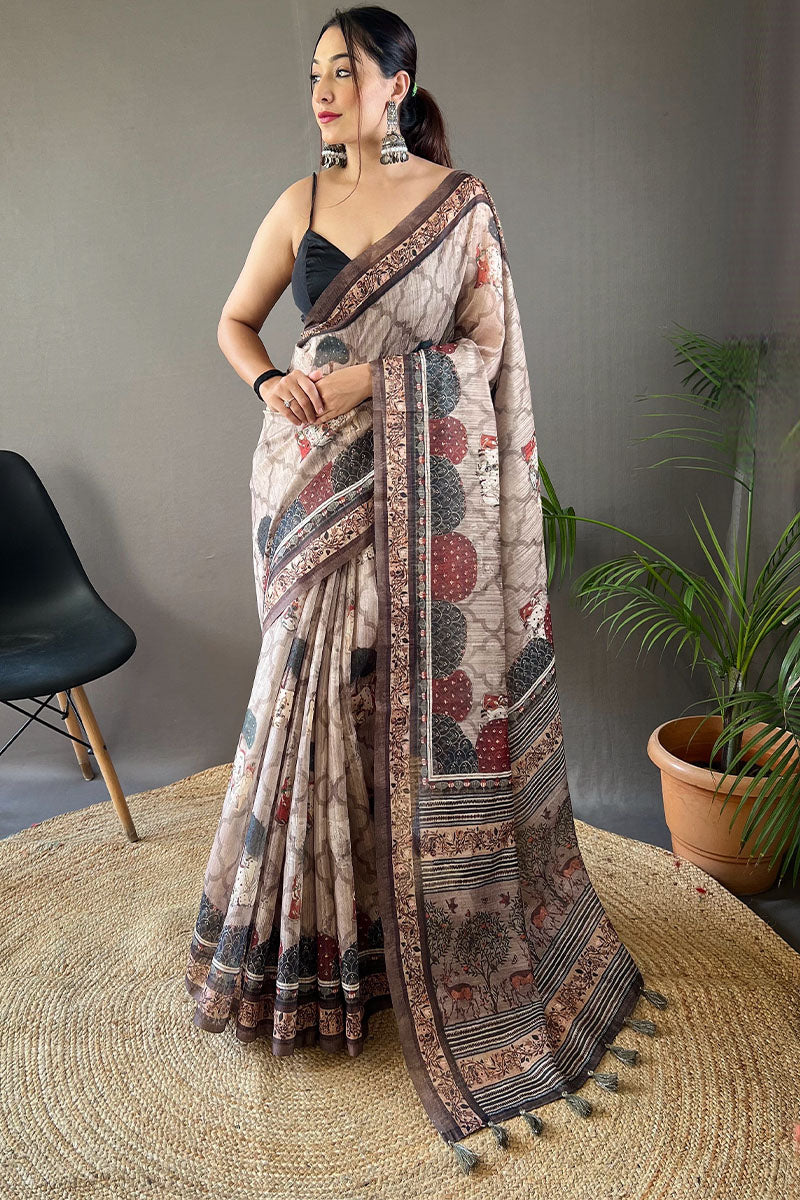 Refreshing Beige Digital Printed Tussar Silk Saree With Sensational Blouse Piece