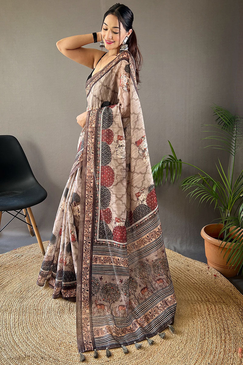 Refreshing Beige Digital Printed Tussar Silk Saree With Sensational Blouse Piece