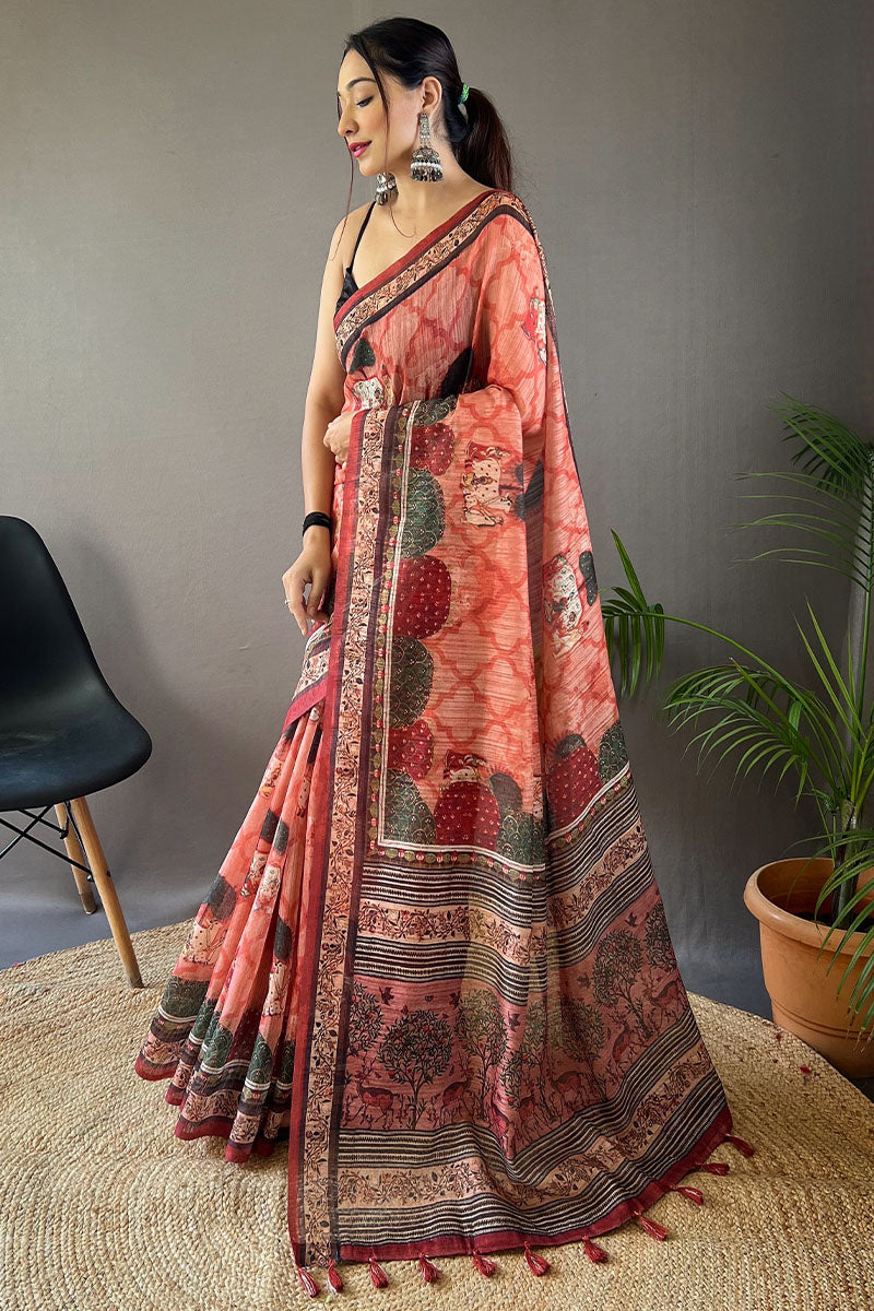 Charming Pink Digital Printed Tussar Silk Saree With Ravishing Blouse Piece