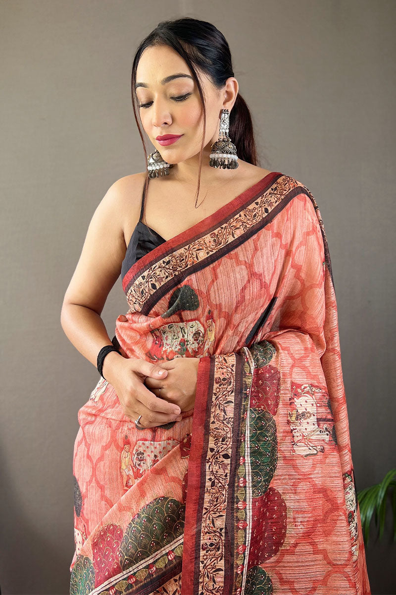 Charming Pink Digital Printed Tussar Silk Saree With Ravishing Blouse Piece