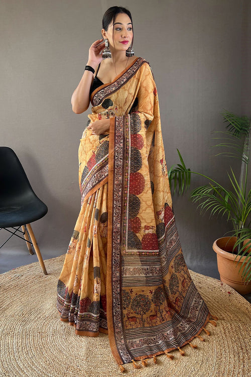 Load image into Gallery viewer, Demure Yellow Digital Printed Tussar Silk Saree With Gossamer Blouse Piece
