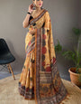 Demure Yellow Digital Printed Tussar Silk Saree With Gossamer Blouse Piece