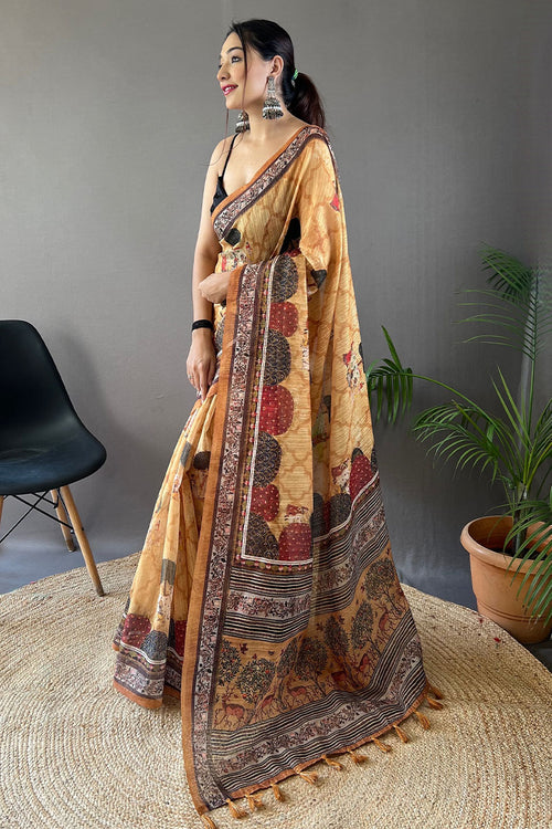 Load image into Gallery viewer, Demure Yellow Digital Printed Tussar Silk Saree With Gossamer Blouse Piece
