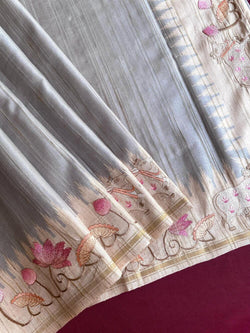 Diaphanous Grey Embroidery Work Tussar Silk Saree With Enthralling Blouse Piece